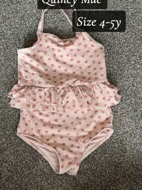 Quincy Mae Kids One-Piece Swimsuit in Light Pink with Rose Heart Print